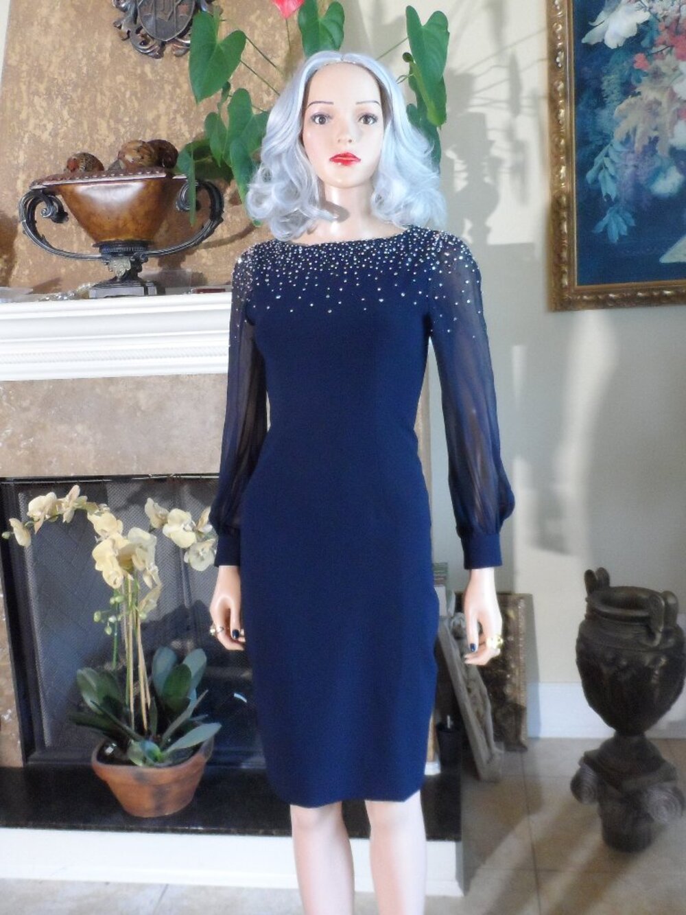 Sachin & Babi Navy Blue Embellished Sheer Sleeve Sheath Dress Size 2